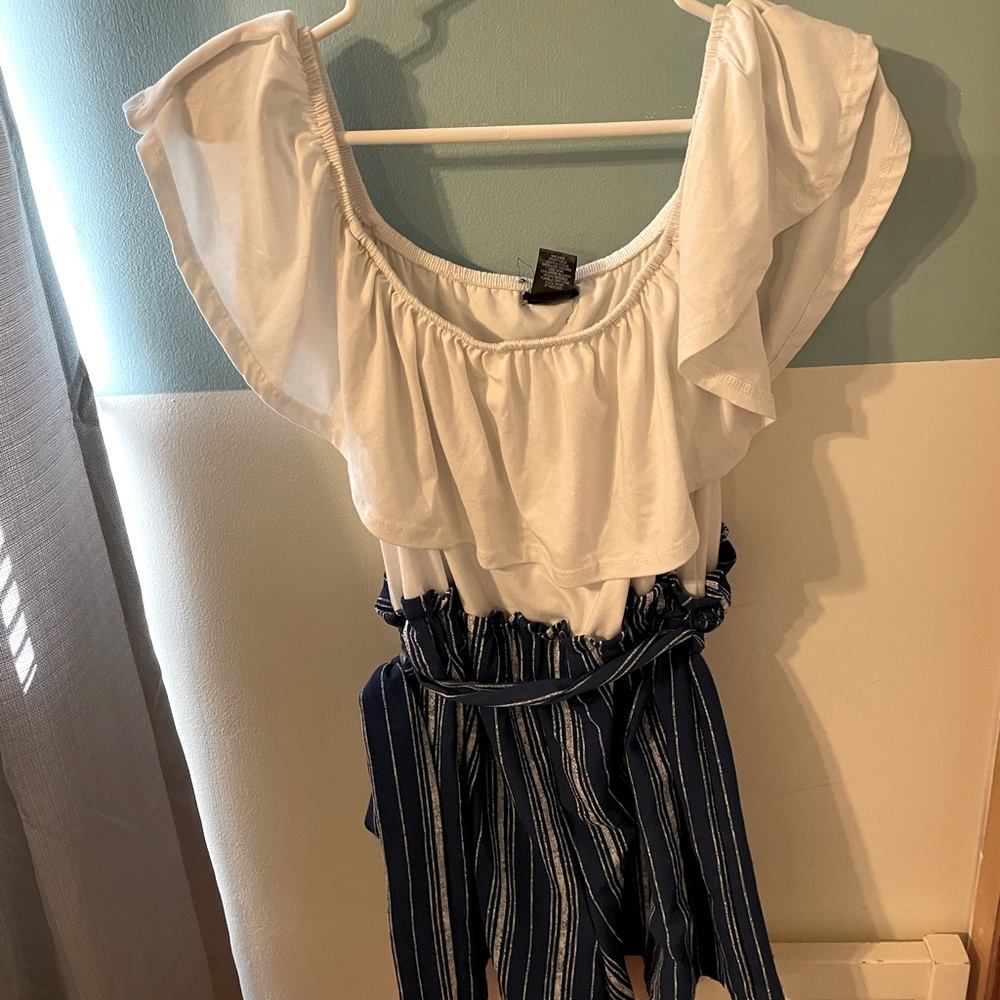 White and blue off the shoulders romper